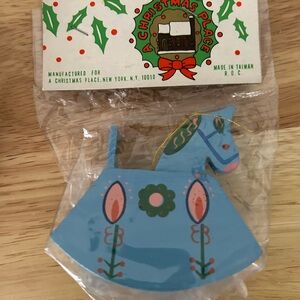 A Christmas Place Vintage Blue Wooden Horse Christmas Ornament - Made in Taiwan